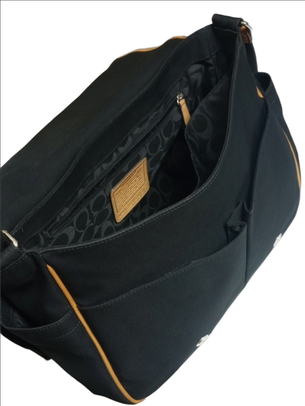 COACH "HUDSON" MESSENGER LAPTOP BUSINESS TRAVEL BLACK BAG WITH TAN LEATHER TRIM - Picture 11 of 16